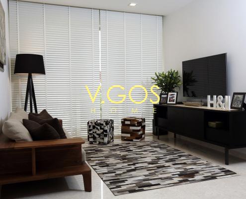 Motorised wooden venetian Blinds white colour with white wooven tape, Carpet in cow hide, stool in cow hide