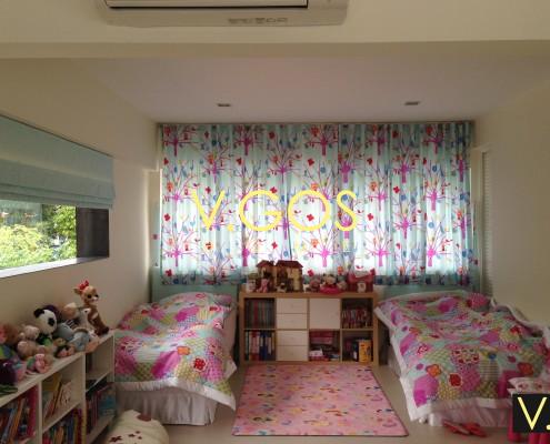 Roman blind , Night curtain , comforter , headboard and bed skirt.